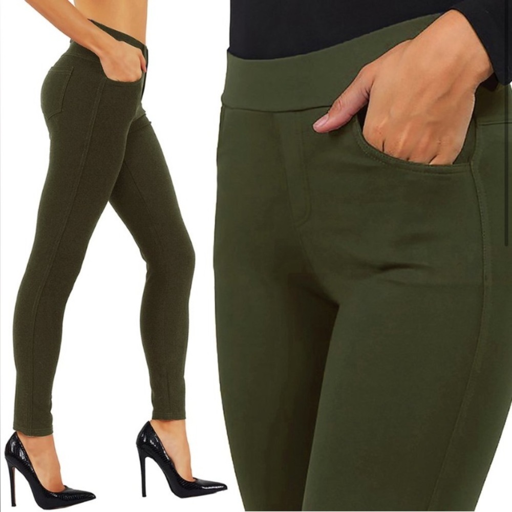 Olive High-Waist Ponte Leggings with Pockets